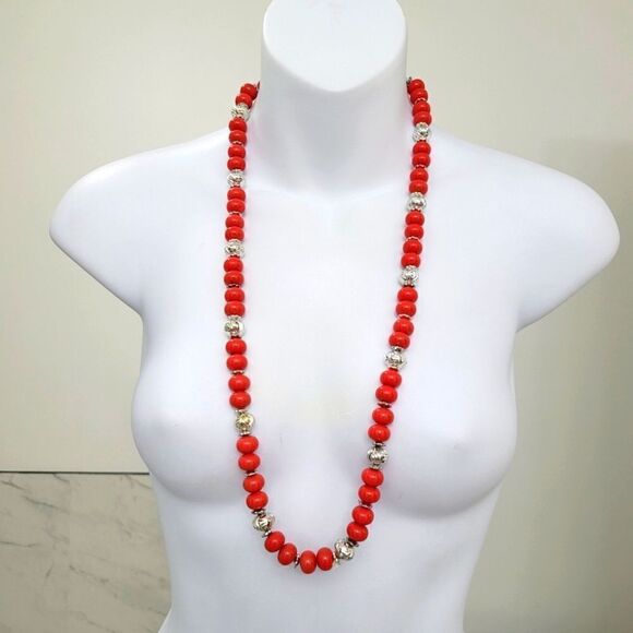 Vintage Jewelry - 2/$20 Vintage Red & Silver Long Necklace Length: 30.5"